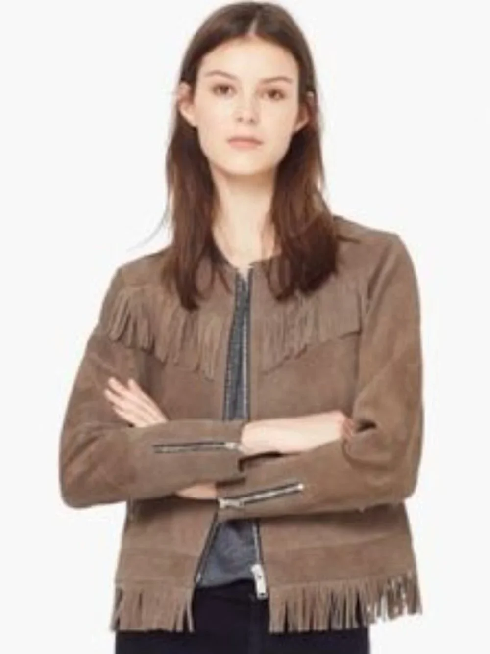 Mango Suede Fringe Jacket Taupe Beige - Small - Picture 1 of 4